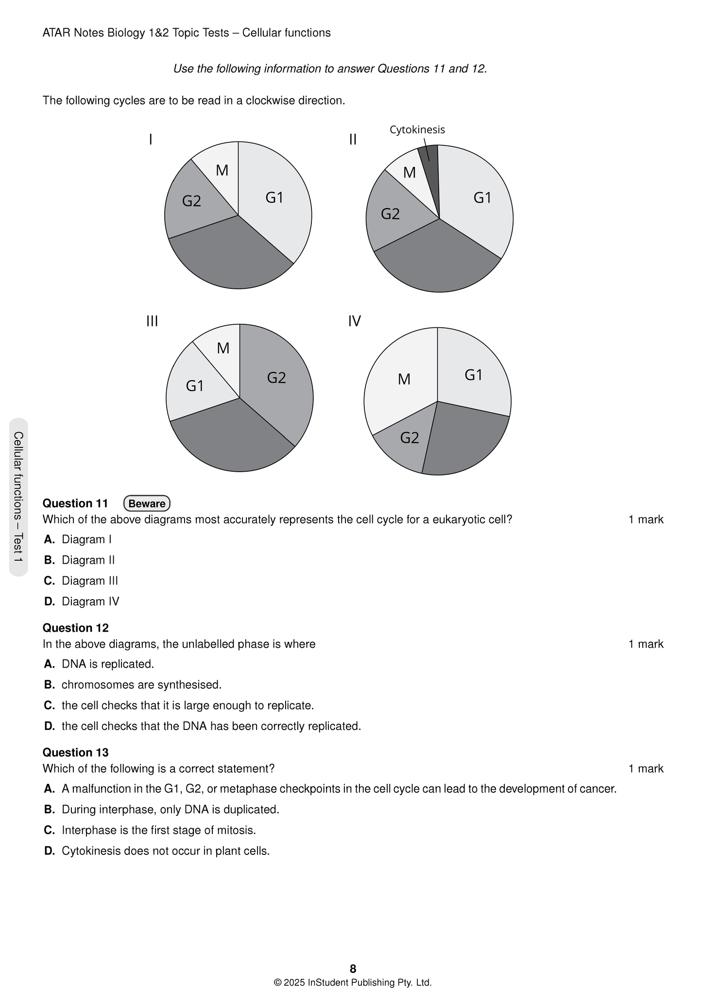 VCE Biology 1&2 Topic Tests by ATAR Notes, a white page with cell cycle diagrams and multiple-choice questions.