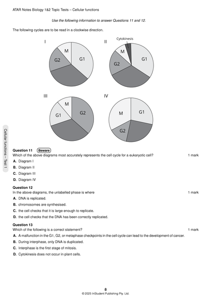 VCE Biology 1&2 Topic Tests by ATAR Notes, a white page with cell cycle diagrams and multiple-choice questions.
