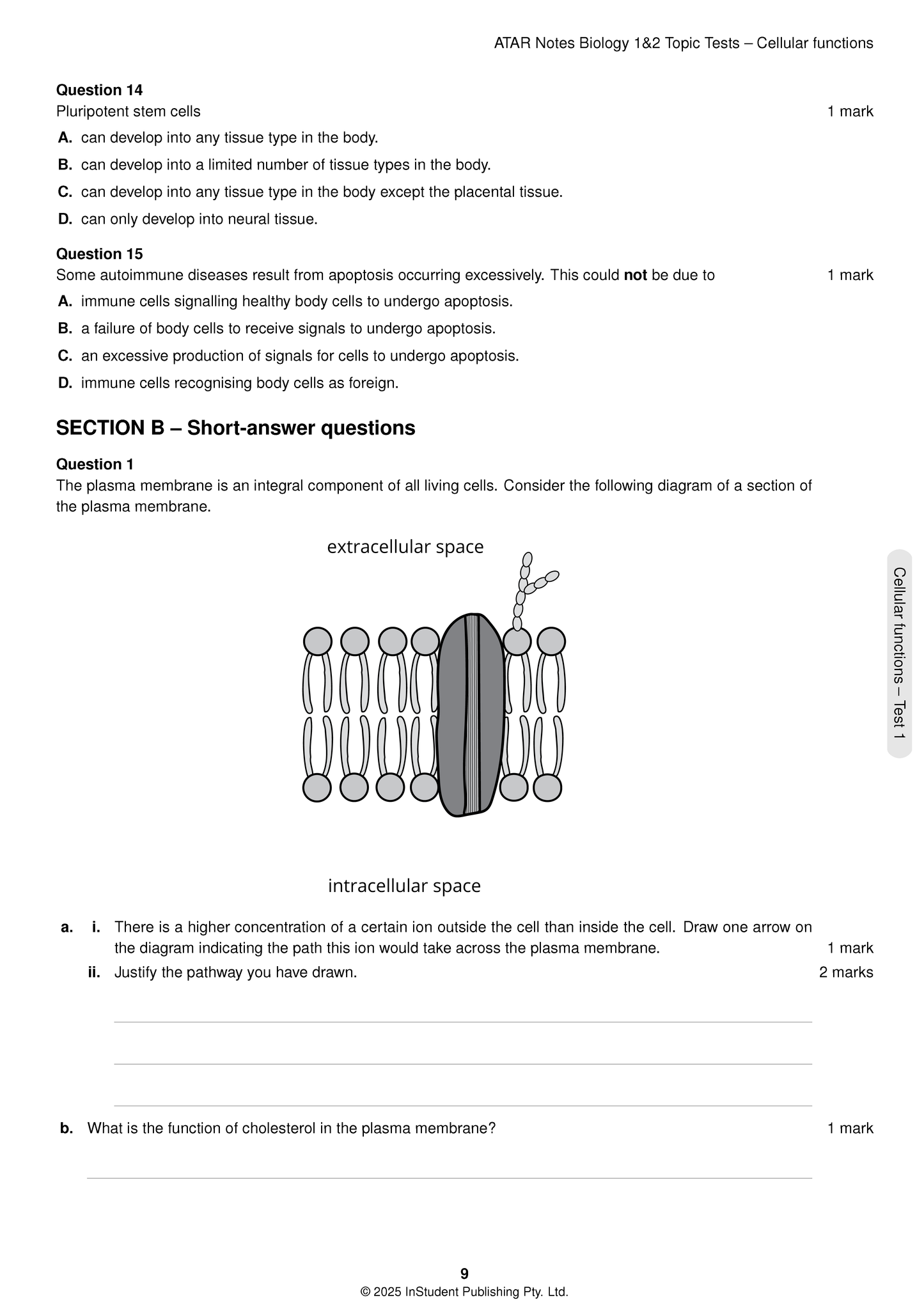 VCE Biology 1&2 Topic Tests by ATAR Notes, a white page featuring multiple-choice and short-answer questions with a plasma membrane diagram.