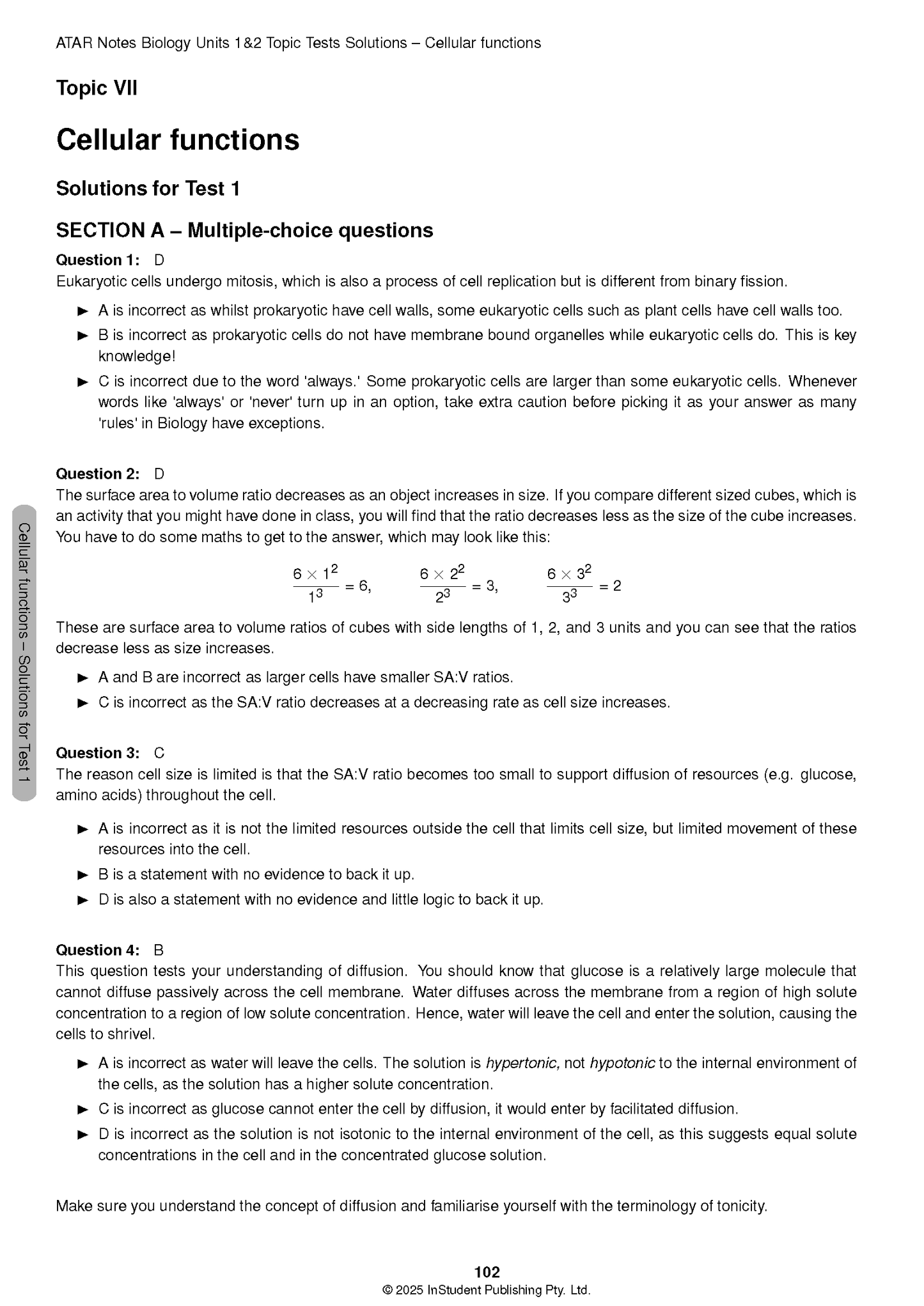 Biology Topic Test Solutions page from ATAR Notes, showing content for "Cellular functions" and page 102.