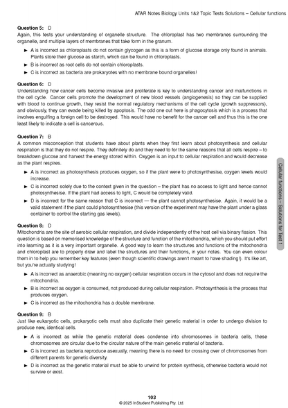 Biology Topic Tests Solutions page by ATAR Notes, displaying answers and explanations for questions 5-9.