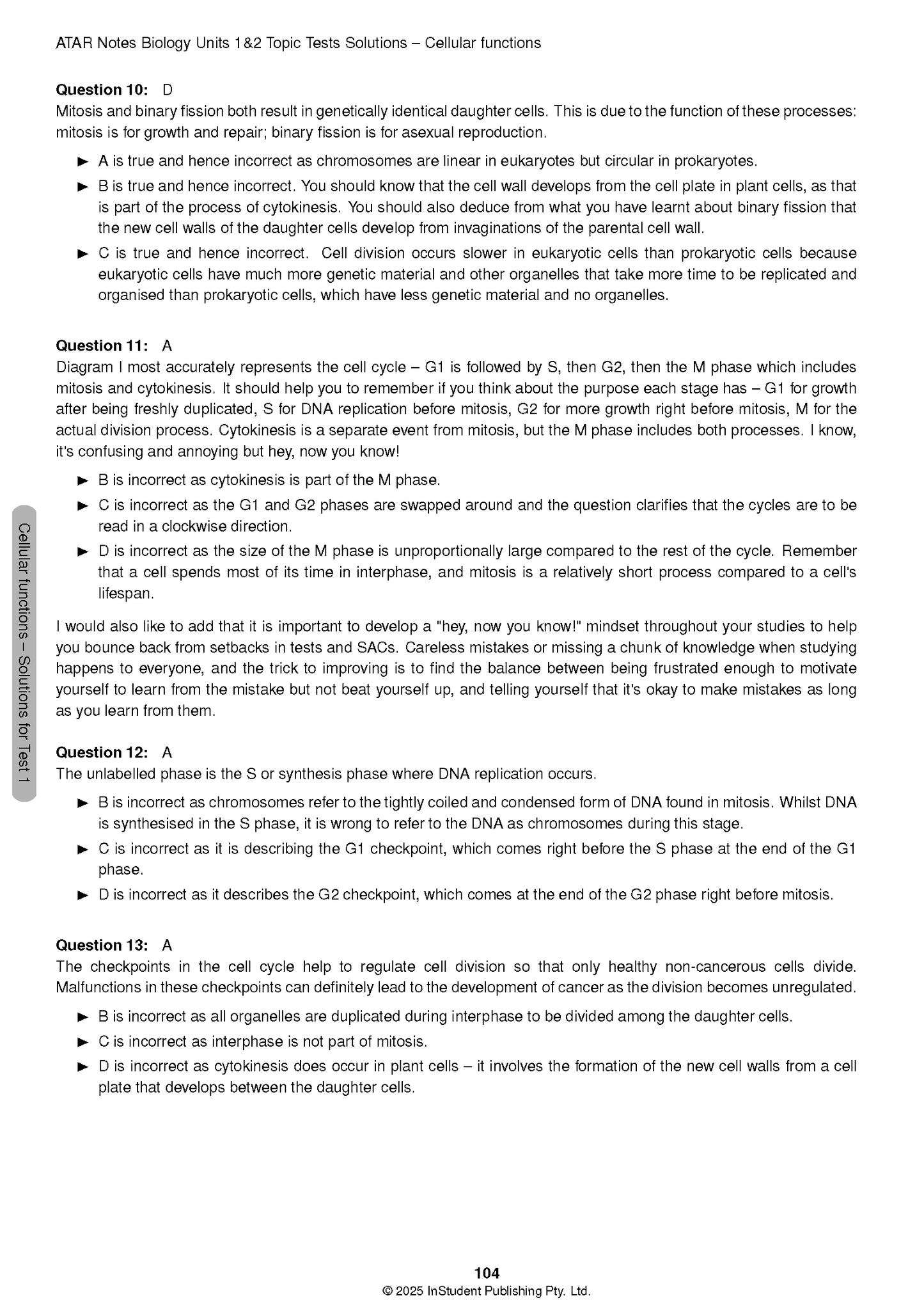 Biology topic tests by ATAR Notes, showing solution pages with questions 10-13 and detailed explanations.