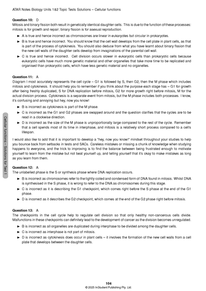 Biology topic tests by ATAR Notes, showing solution pages with questions 10-13 and detailed explanations.
