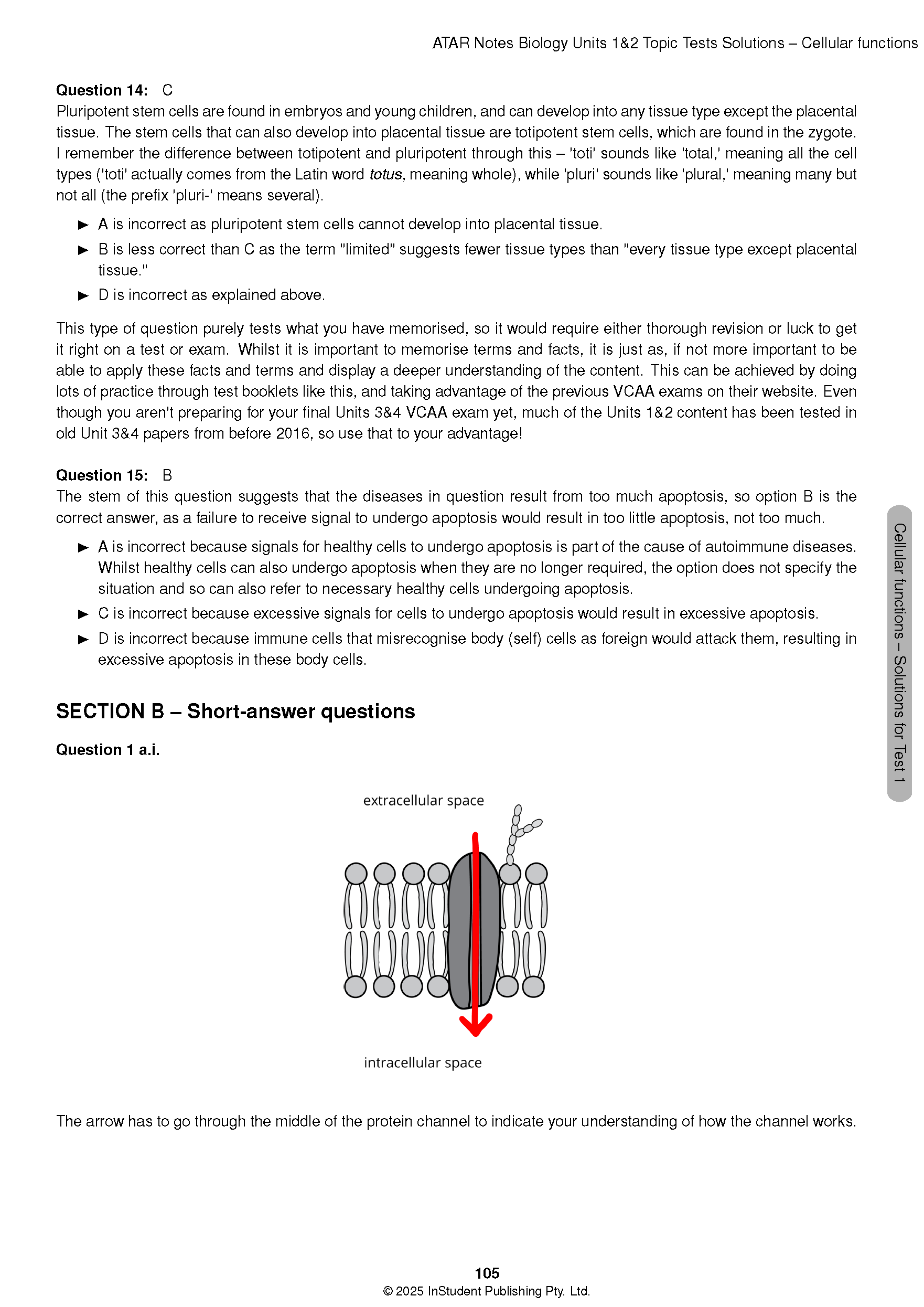 Biology Topic Tests page by ATAR Notes, displaying questions, detailed solutions, and a cell membrane diagram.