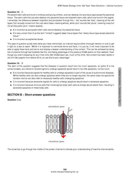 Biology Topic Tests page by ATAR Notes, displaying questions, detailed solutions, and a cell membrane diagram.