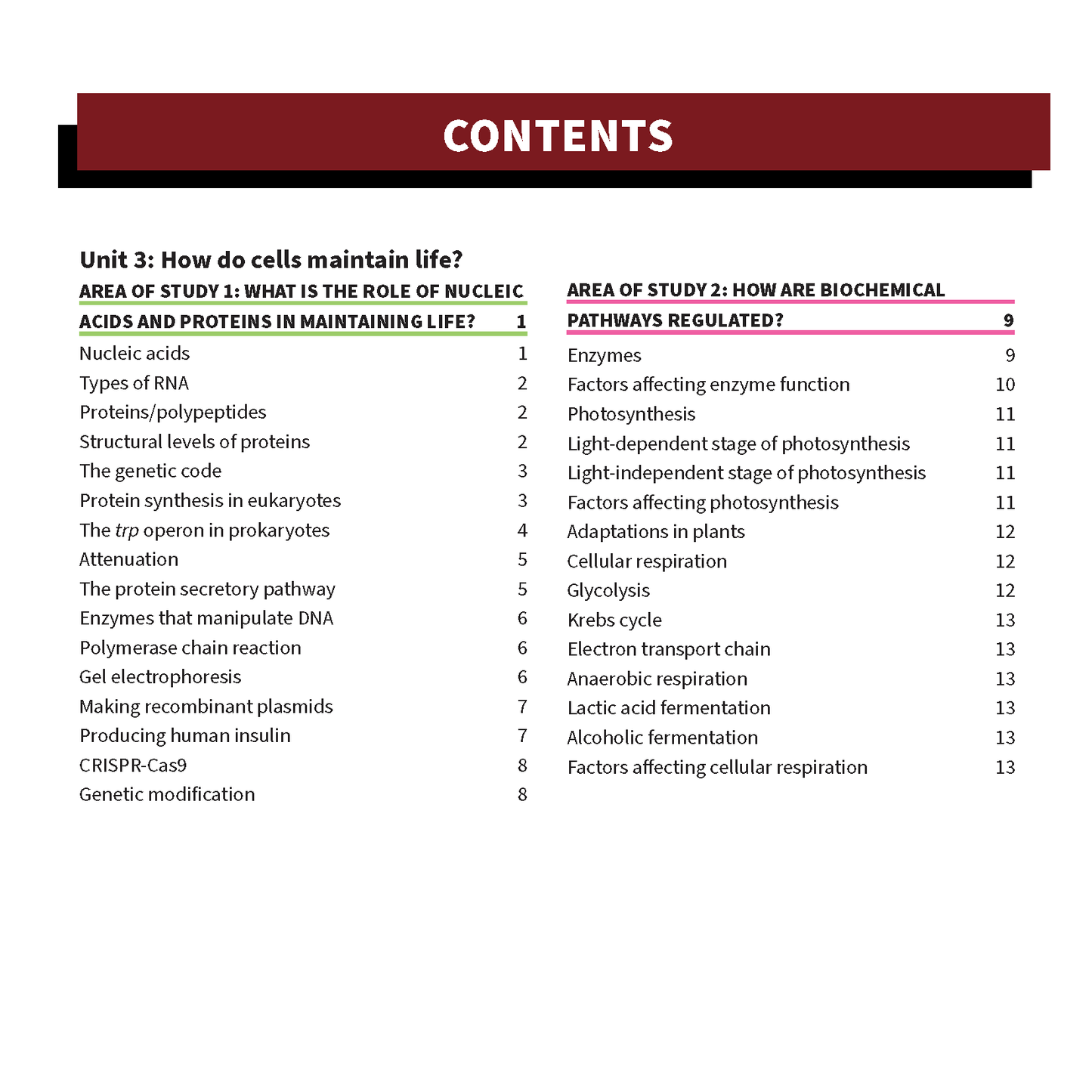 Summary Sheets for VCE Biology 3&4 by ATAR Notes, displaying a detailed table of contents with topics and page numbers.