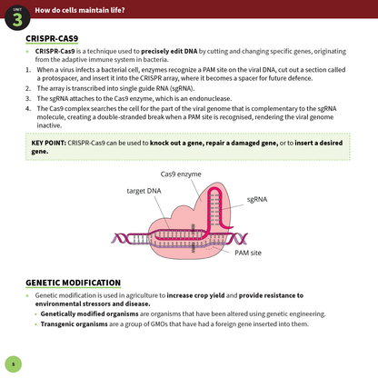 White summary sheets page by ATAR Notes, featuring green unit 3 and a CRISPR-Cas9 gene editing diagram.