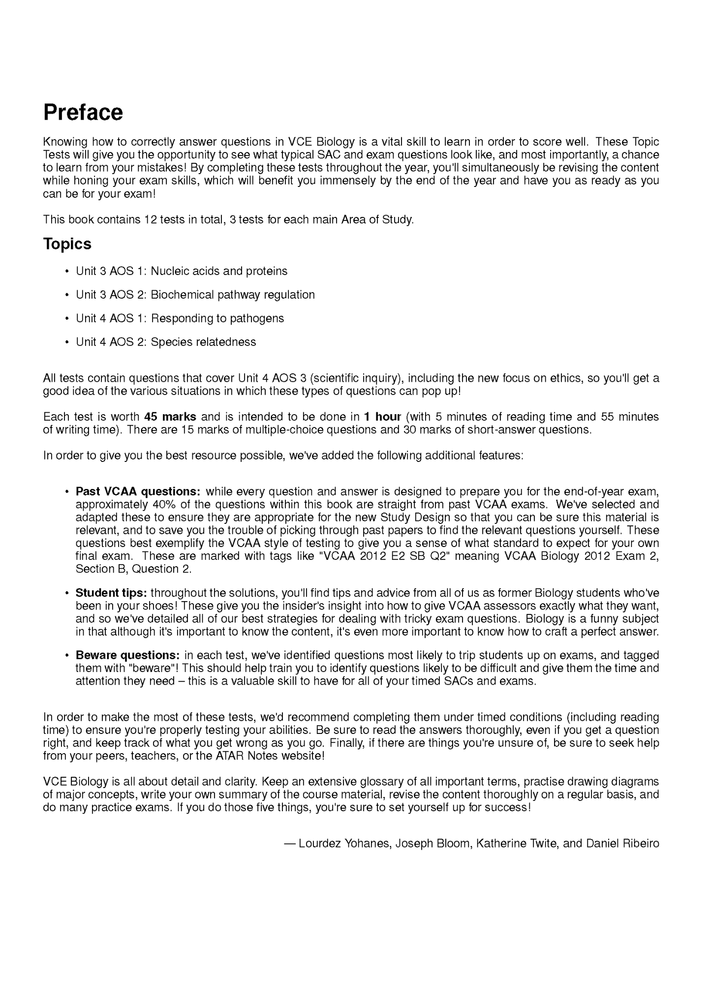 VCE Biology 3&4 Topic Tests by ATAR Notes, showing a book page with preface and topics in black text on white.