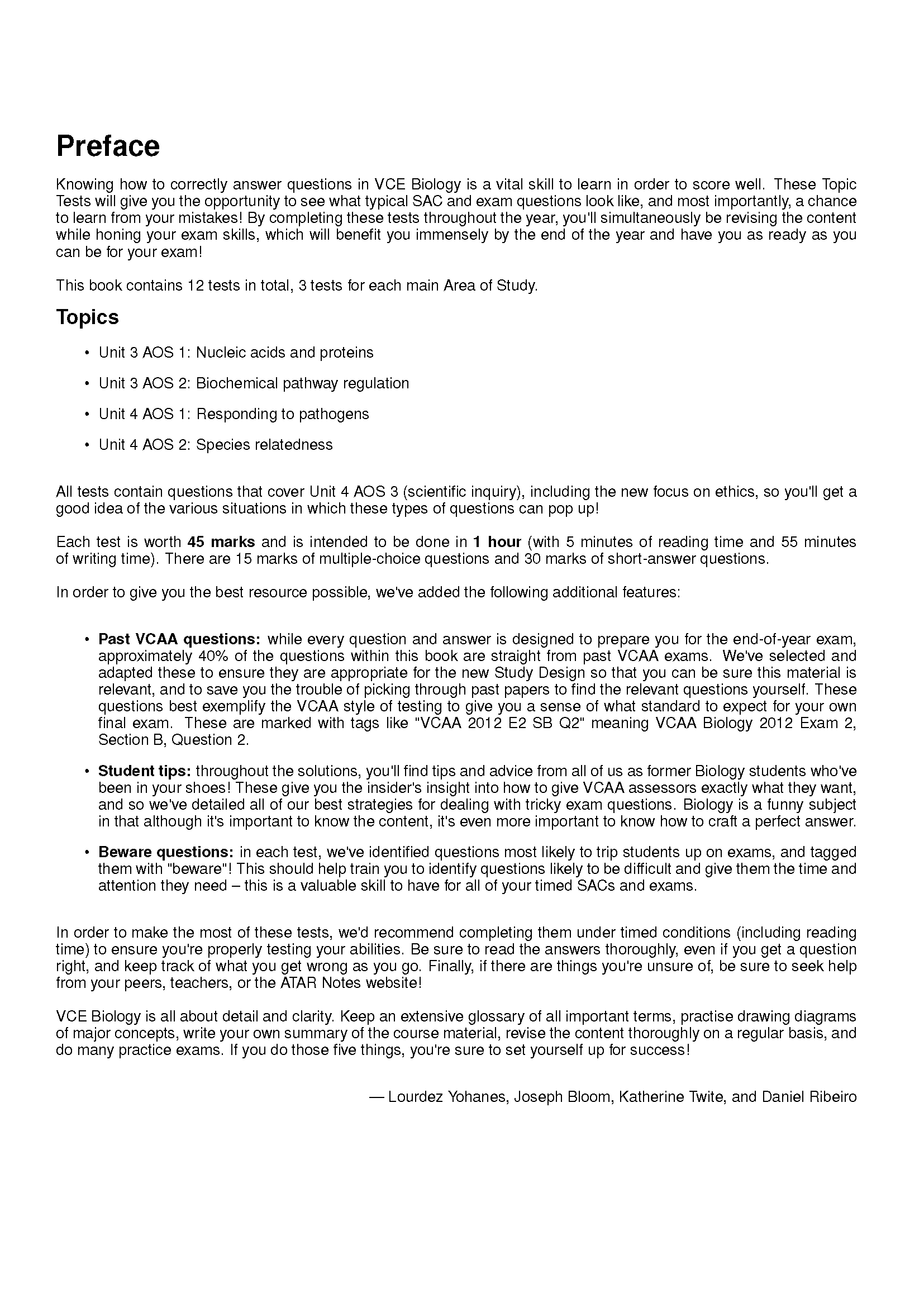 VCE Biology 3&4 Topic Tests by ATAR Notes, showing a book page with preface and topics in black text on white.