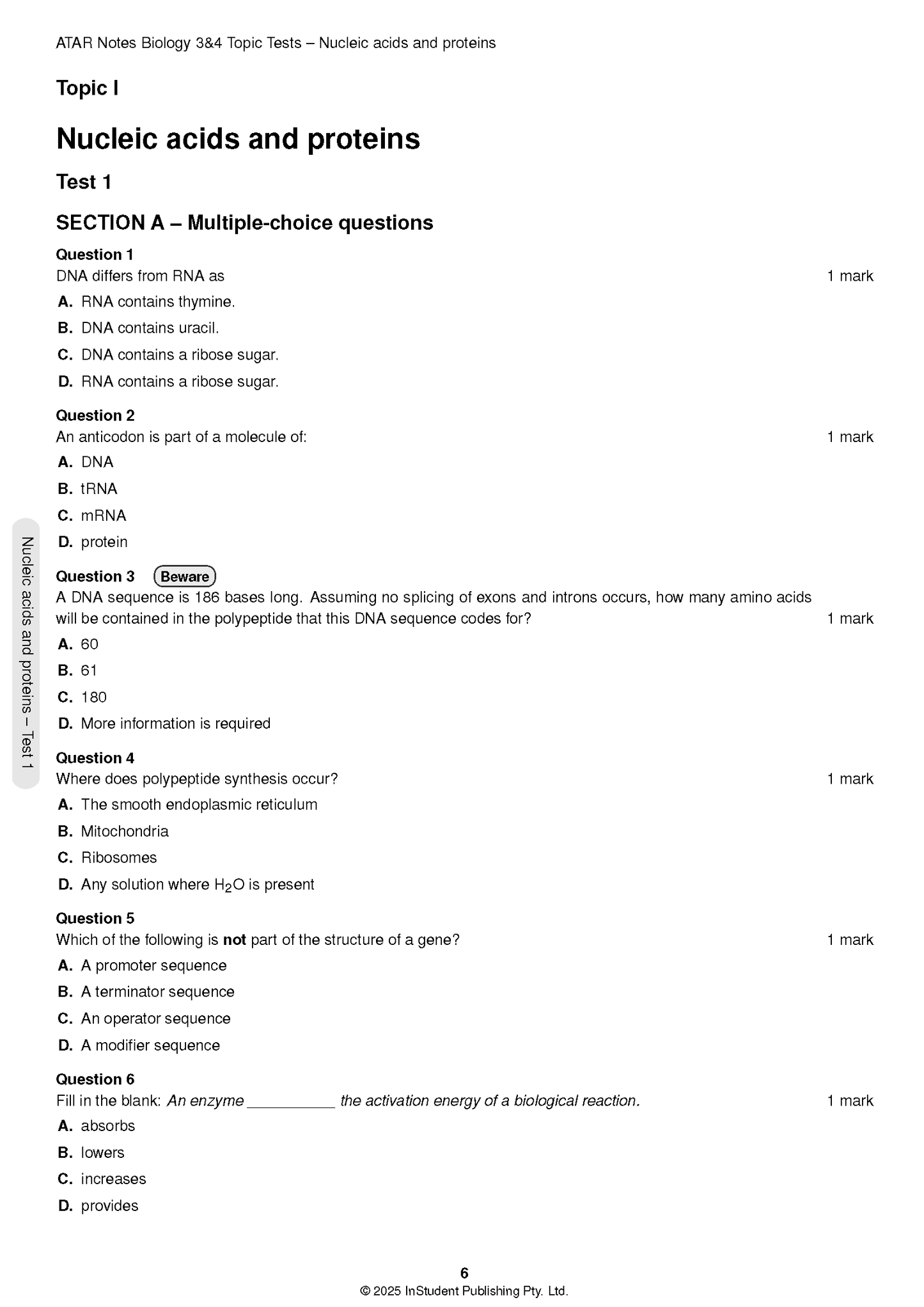 VCE Biology Topic Tests by ATAR Notes showing a page of multiple-choice questions on nucleic acids and proteins.
