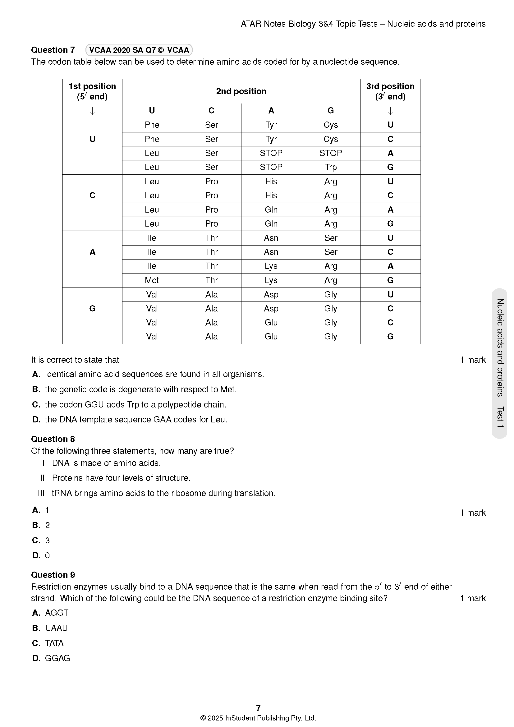 VCE Biology 3&4 Topic Tests (2025-2026) by ATAR Notes, showing a cropped page with black text questions and a codon table.