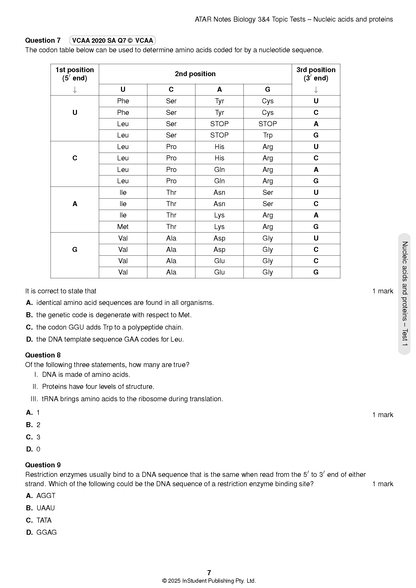 VCE Biology 3&4 Topic Tests (2025-2026) by ATAR Notes, showing a cropped page with black text questions and a codon table.