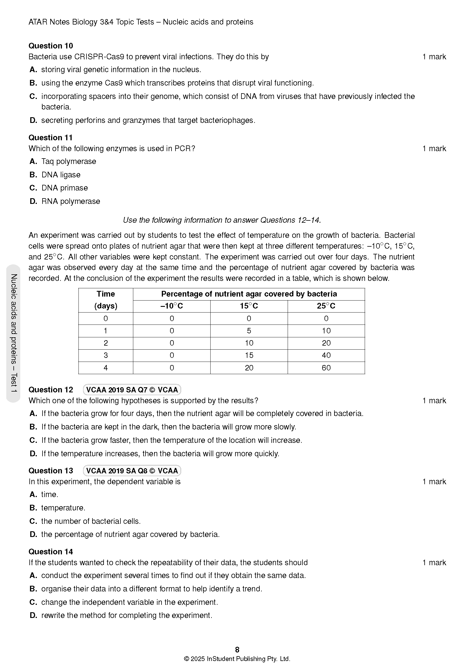 VCE Biology 3&4 Topic Tests (2025-2026) by ATAR Notes, showing an open page with multiple-choice questions and a data table.