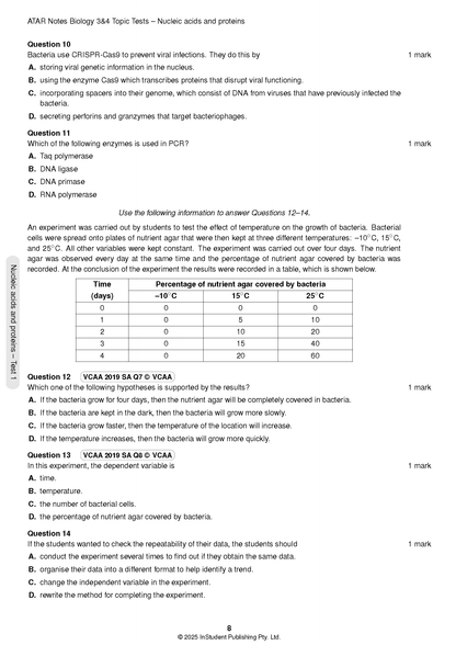 VCE Biology 3&4 Topic Tests (2025-2026) by ATAR Notes, showing an open page with multiple-choice questions and a data table.