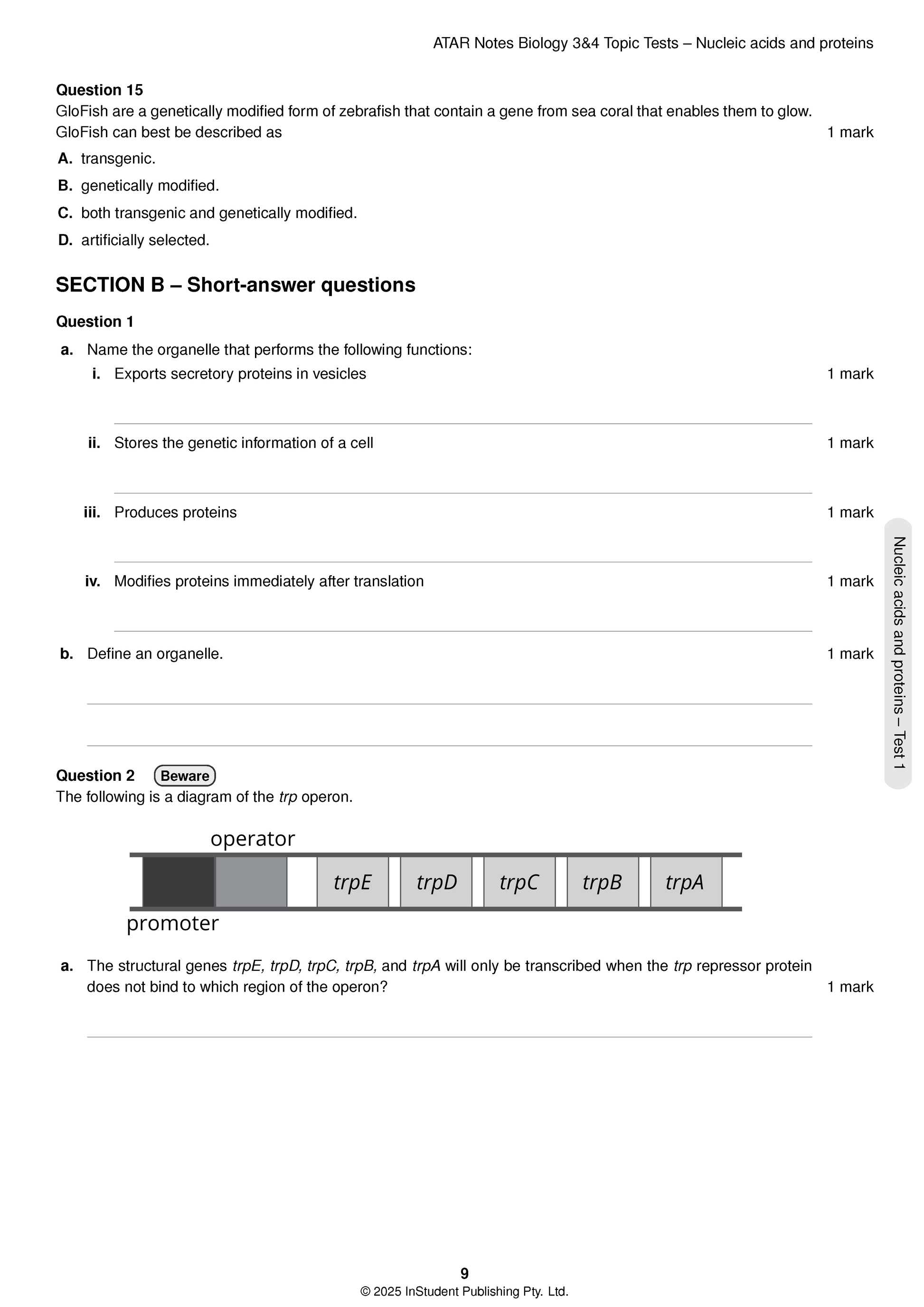 VCE Biology 3&4 Topic Tests by ATAR Notes, showing a page with questions on nucleic acids, proteins, and an operon diagram.