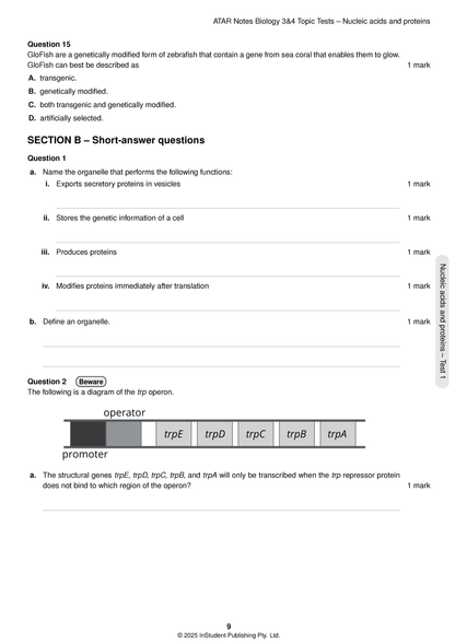 VCE Biology 3&4 Topic Tests by ATAR Notes, showing a page with questions on nucleic acids, proteins, and an operon diagram.