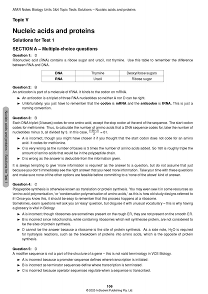 Biology Topic Tests Solutions Booklet by ATAR Notes, showing questions and explanations on nucleic acids and proteins.