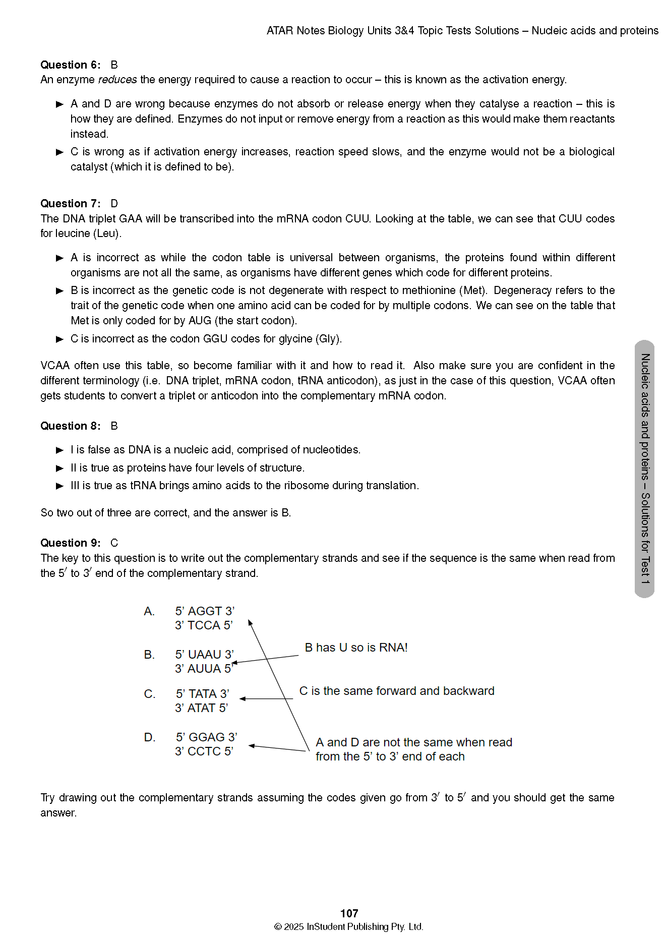 Biology Topic Tests by ATAR Notes, showing a page with questions on enzymes, genetics, and complementary DNA strands.