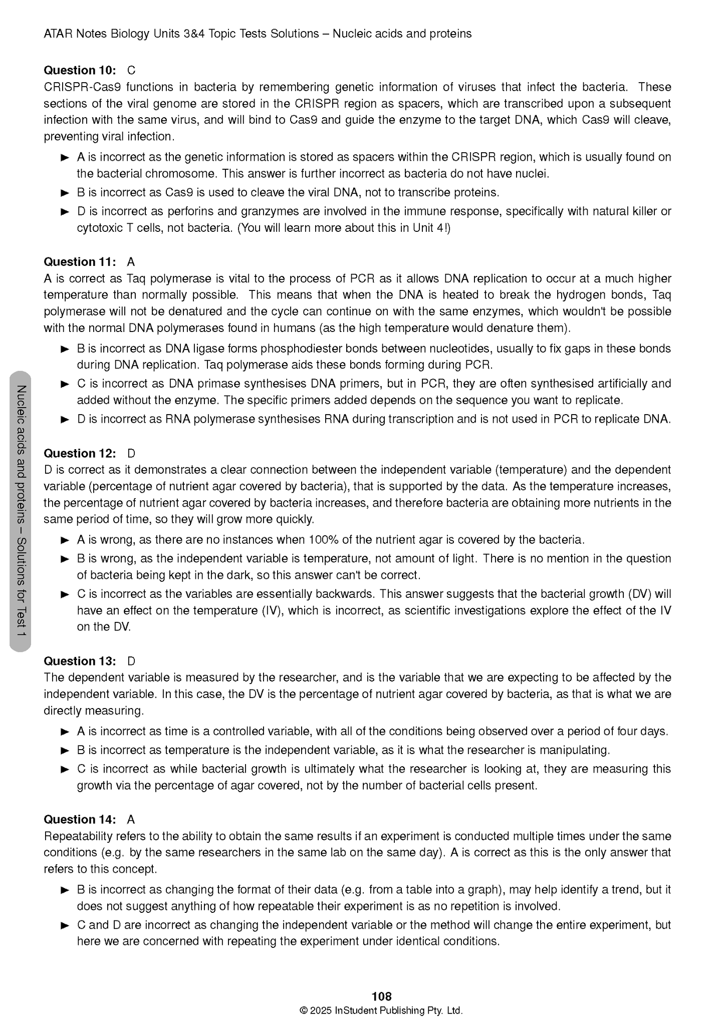 Biology topic tests solutions by ATAR Notes, displaying answers for questions 10-14 from the nucleic acids and proteins unit.