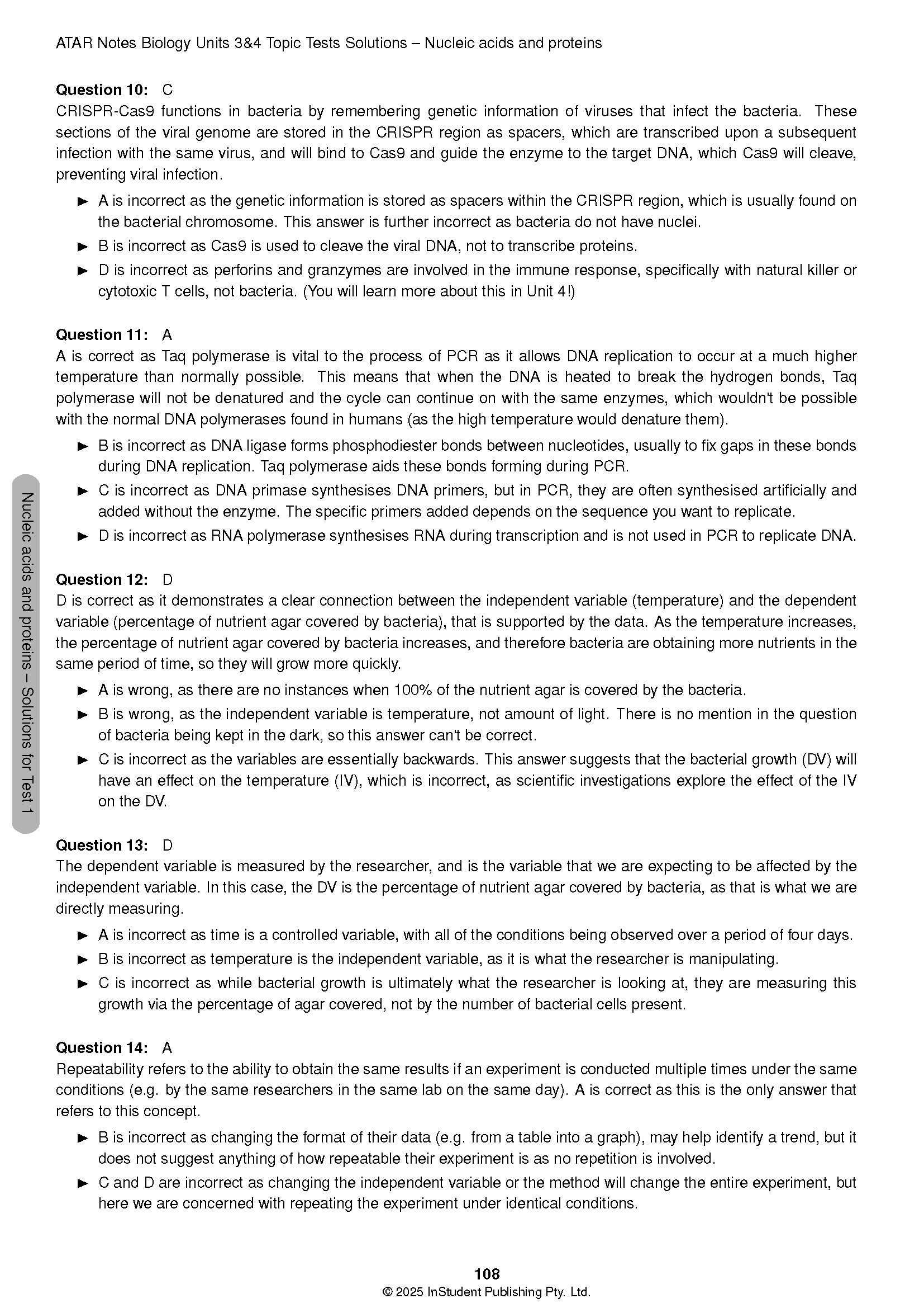 Biology topic tests solutions by ATAR Notes, displaying answers for questions 10-14 from the nucleic acids and proteins unit.