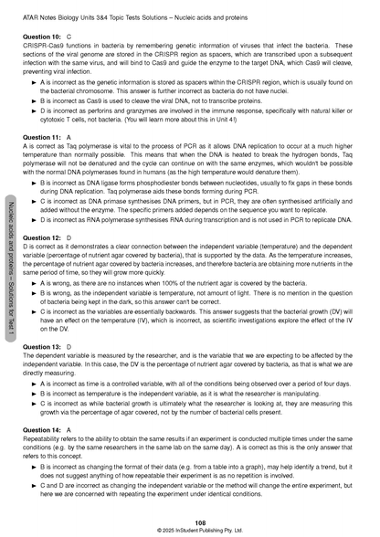 Biology topic tests solutions by ATAR Notes, displaying answers for questions 10-14 from the nucleic acids and proteins unit.