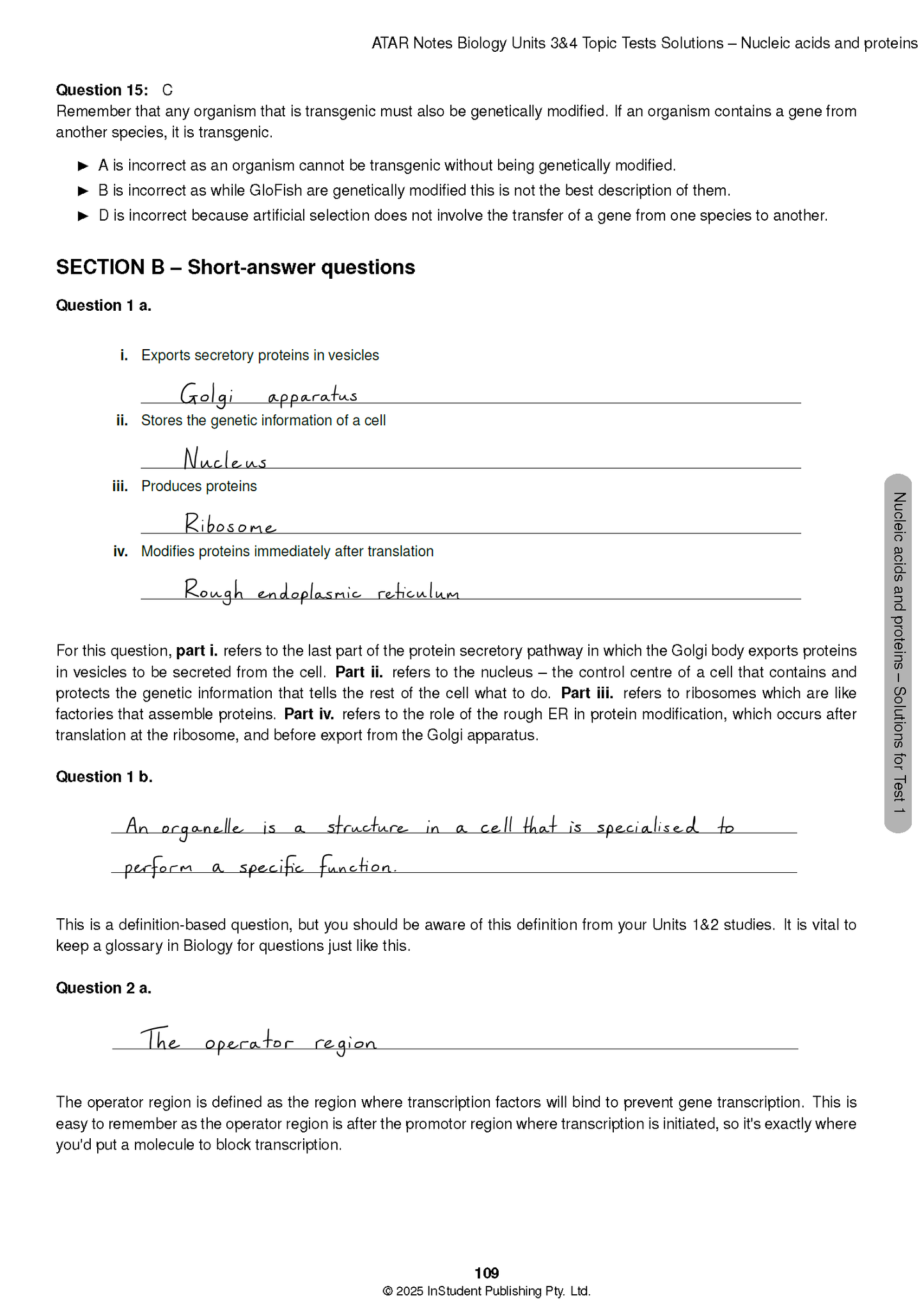 VCE Biology 3&4 Topic Tests by ATAR Notes, a white page with biology questions and handwritten answers.