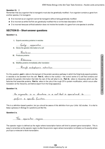 VCE Biology 3&4 Topic Tests by ATAR Notes, a white page with biology questions and handwritten answers.