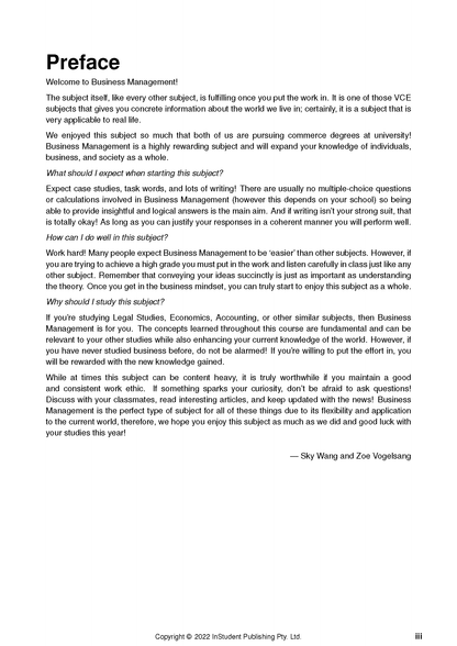 VCE Business Management Course Notes page by ATAR Notes, showing the preface with introductory text and authors.