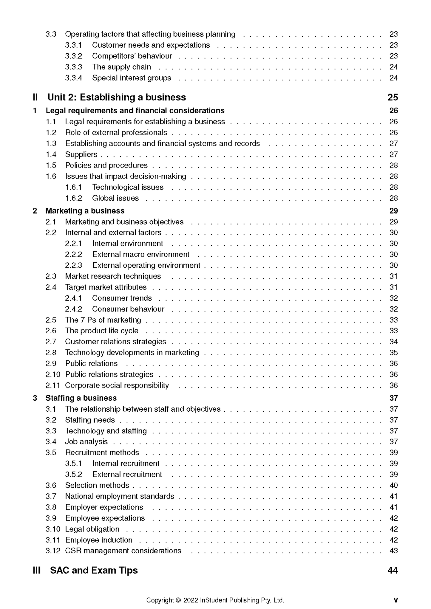 Course notes displaying a table of contents by ATAR Notes, showing sections for 'Establishing a business' and 'Marketing a business'.