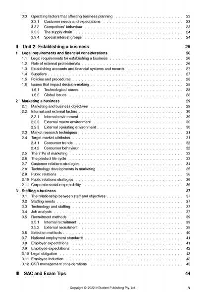 Course notes displaying a table of contents by ATAR Notes, showing sections for 'Establishing a business' and 'Marketing a business'.