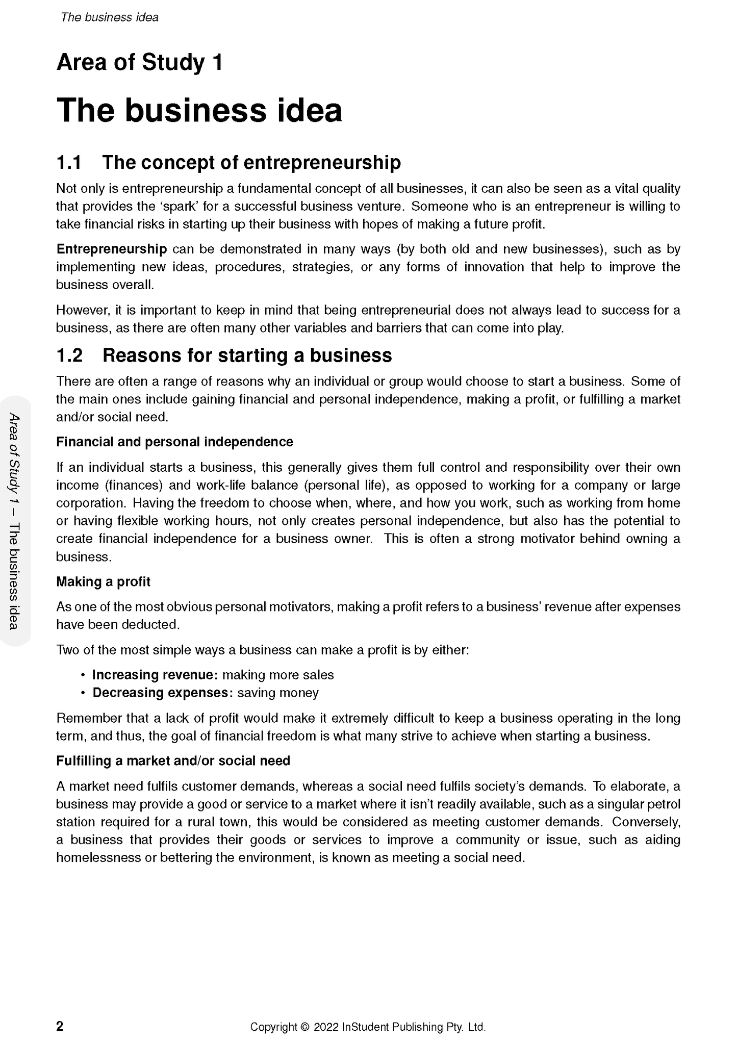 VCE Business Management 1&2 Course Notes (2024-2026) by ATAR Notes, showing 'The business idea' chapter on a white page.