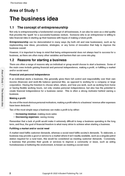 VCE Business Management 1&2 Course Notes (2024-2026) by ATAR Notes, showing 'The business idea' chapter on a white page.