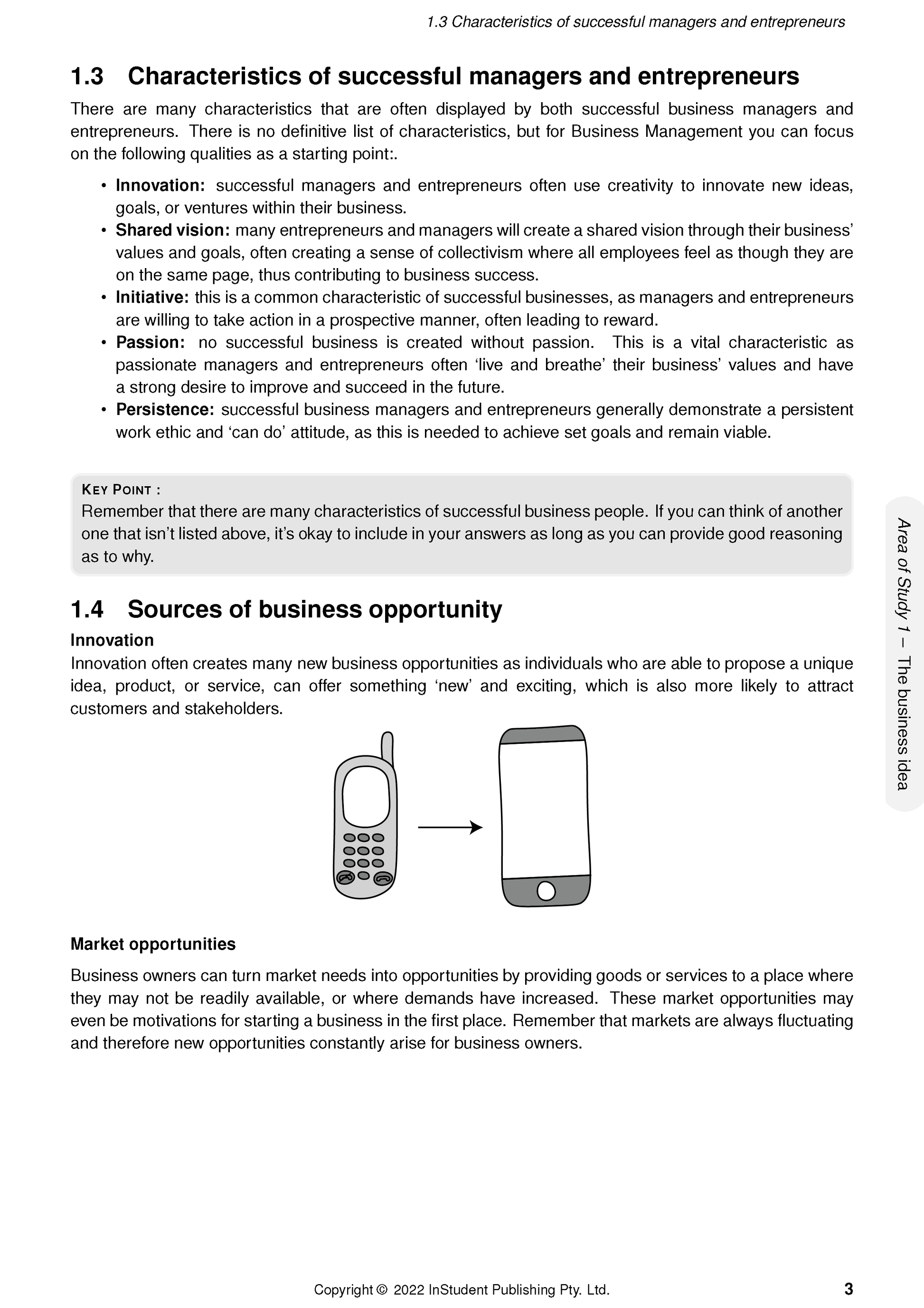 Course Notes by ATAR Notes displaying characteristics of successful managers and entrepreneurs, with a diagram of phone evolution.