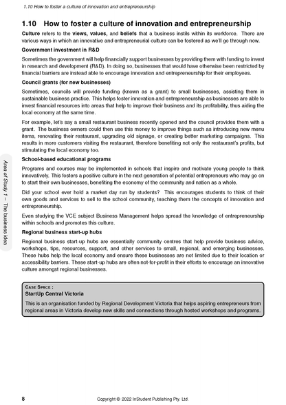 VCE Business Management 1&2 Course Notes by ATAR Notes, displaying a page on fostering innovation and entrepreneurship.