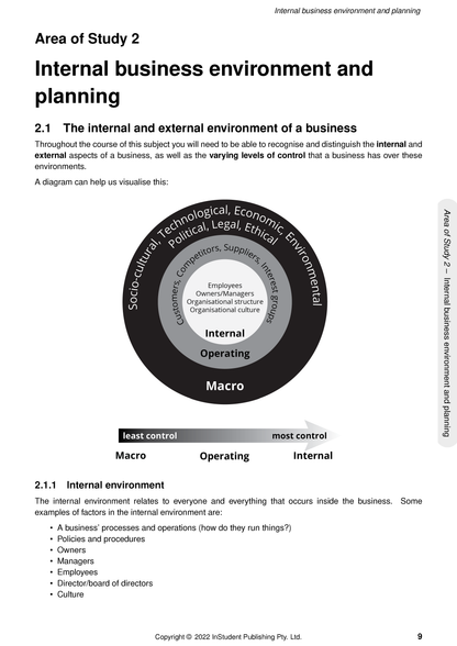 Course Notes by ATAR Notes, a white page with a concentric diagram illustrating internal and external business environments.