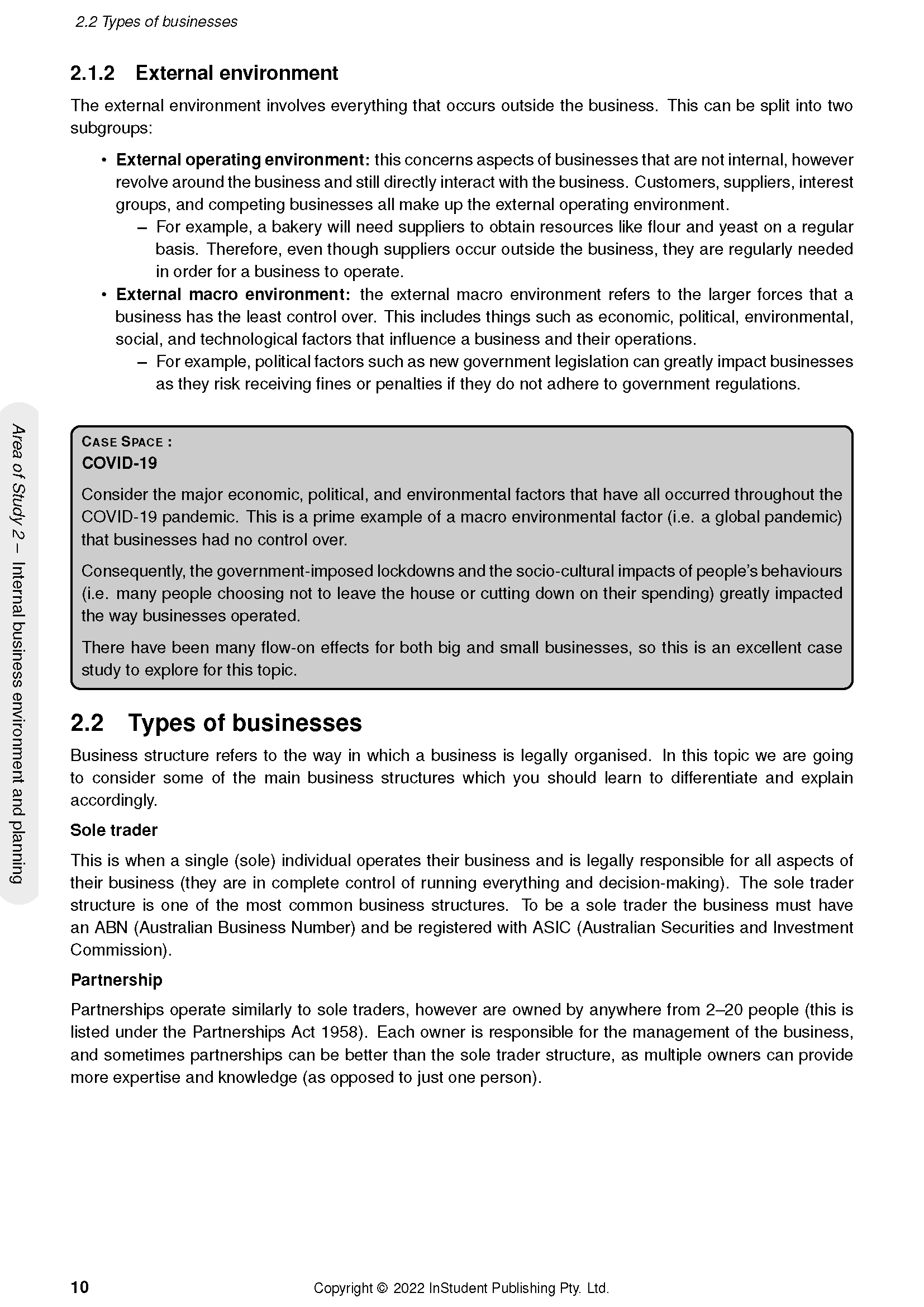 VCE Business Management 1&2 Complete Course Notes by ATAR Notes, displaying content on external business environments and types.