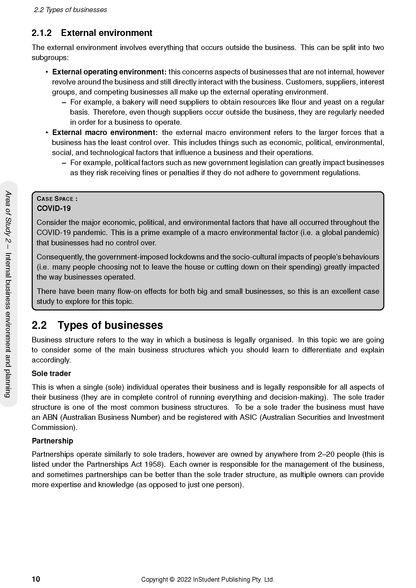 VCE Business Management 1&2 Complete Course Notes by ATAR Notes, displaying content on external business environments and types.