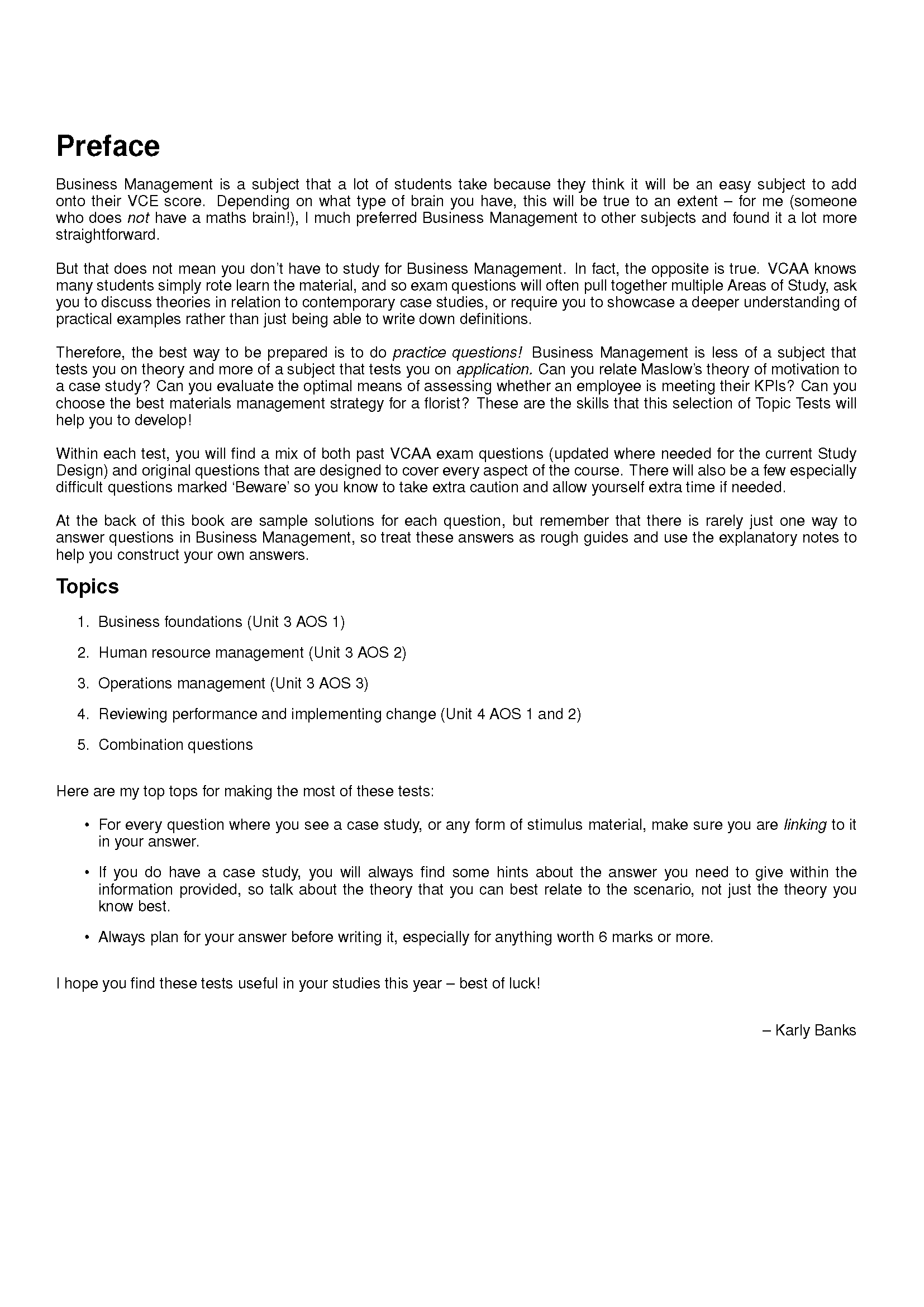 Preface page from VCE Business Management Topic Tests by ATAR Notes, displaying sections on topics and study tips.