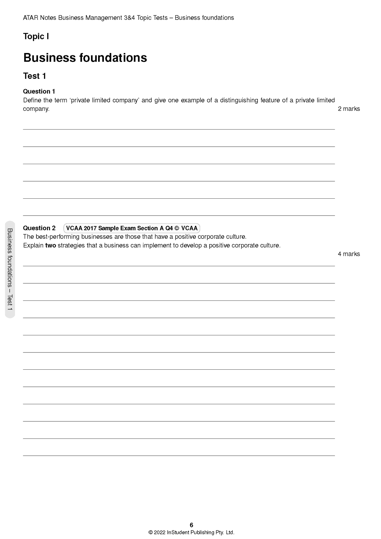 Business Management Topic Tests by ATAR Notes, featuring exam questions, answer lines, and page number 6 on white paper.