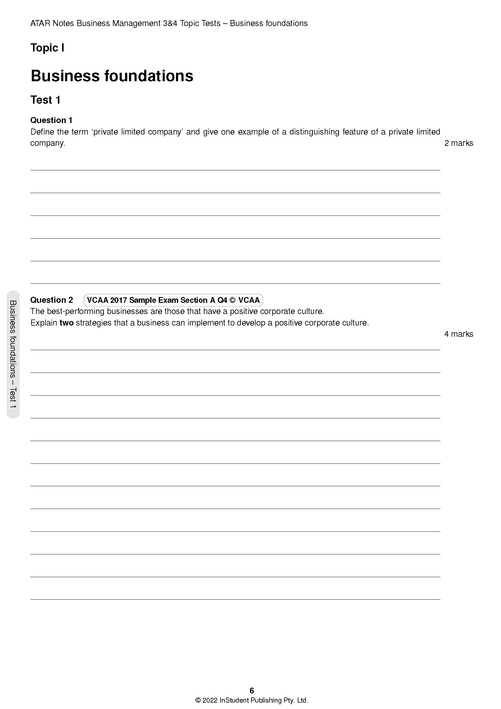 Business Management Topic Tests by ATAR Notes, featuring exam questions, answer lines, and page number 6 on white paper.