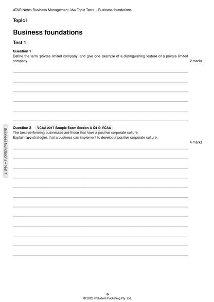 Business Management Topic Tests by ATAR Notes, featuring exam questions, answer lines, and page number 6 on white paper.
