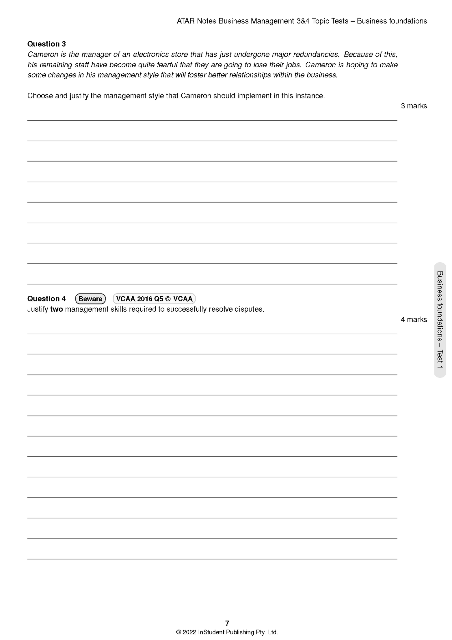 Topic Tests by ATAR Notes, a white page with black text showing questions and blank lines for answers.