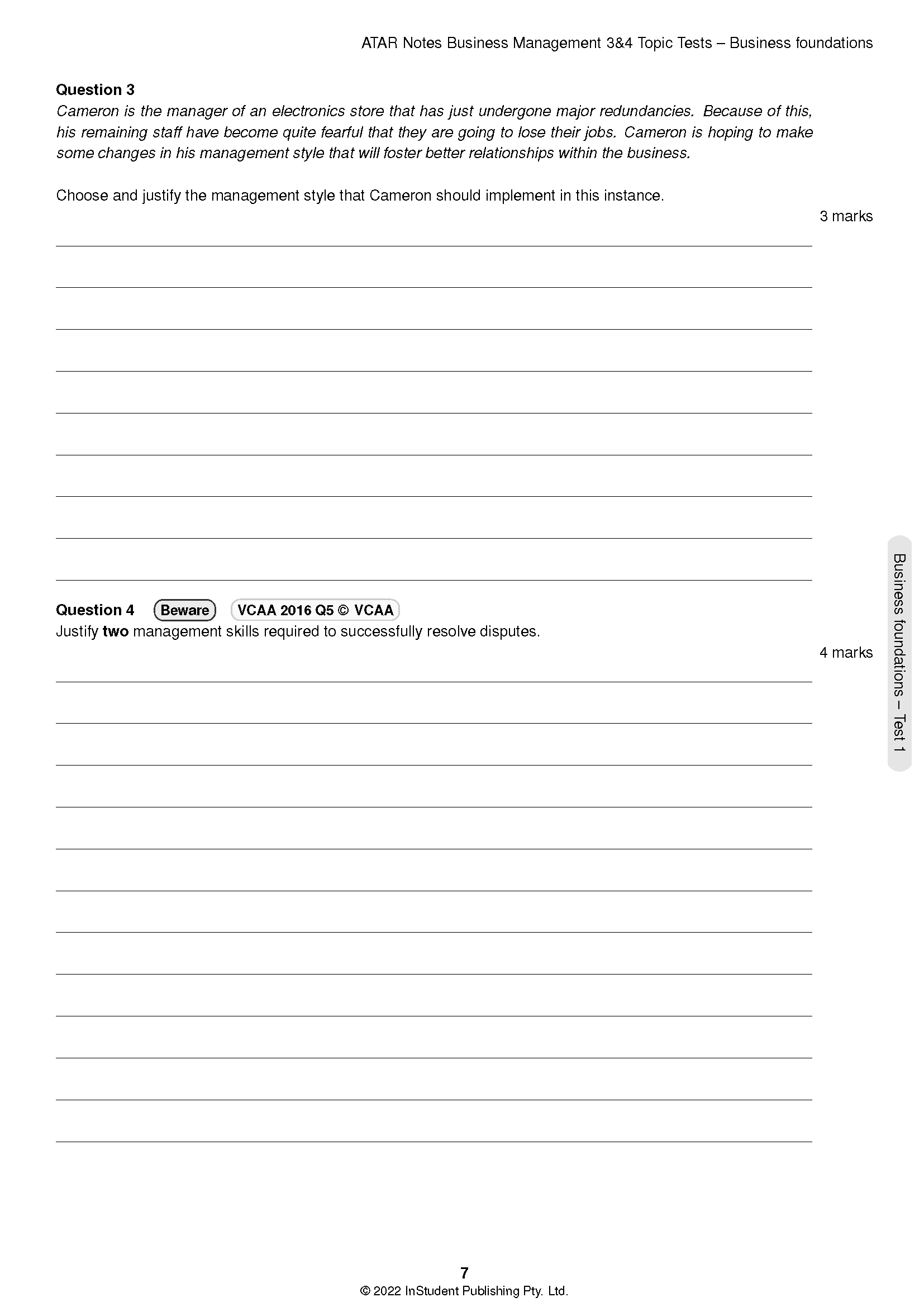 Topic Tests by ATAR Notes, a white page with black text showing questions and blank lines for answers.