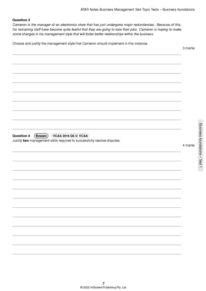 Topic Tests by ATAR Notes, a white page with black text showing questions and blank lines for answers.