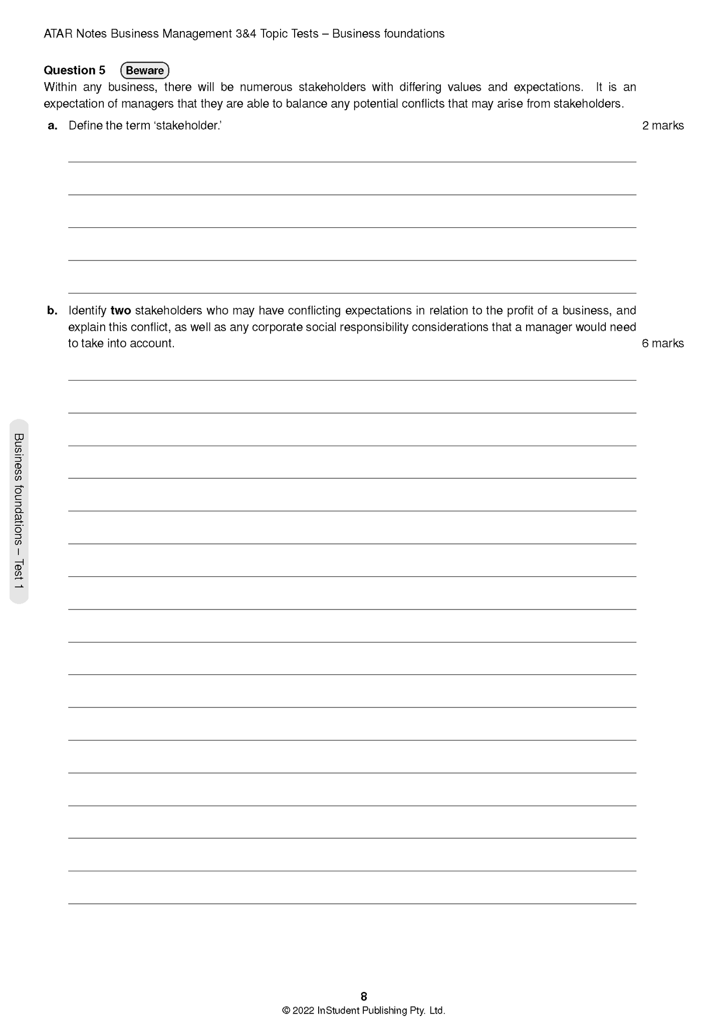 VCE Business Management 3&4 Topic Tests for 2024-2026 by ATAR Notes, showing a question page about stakeholders with blank answer lines.