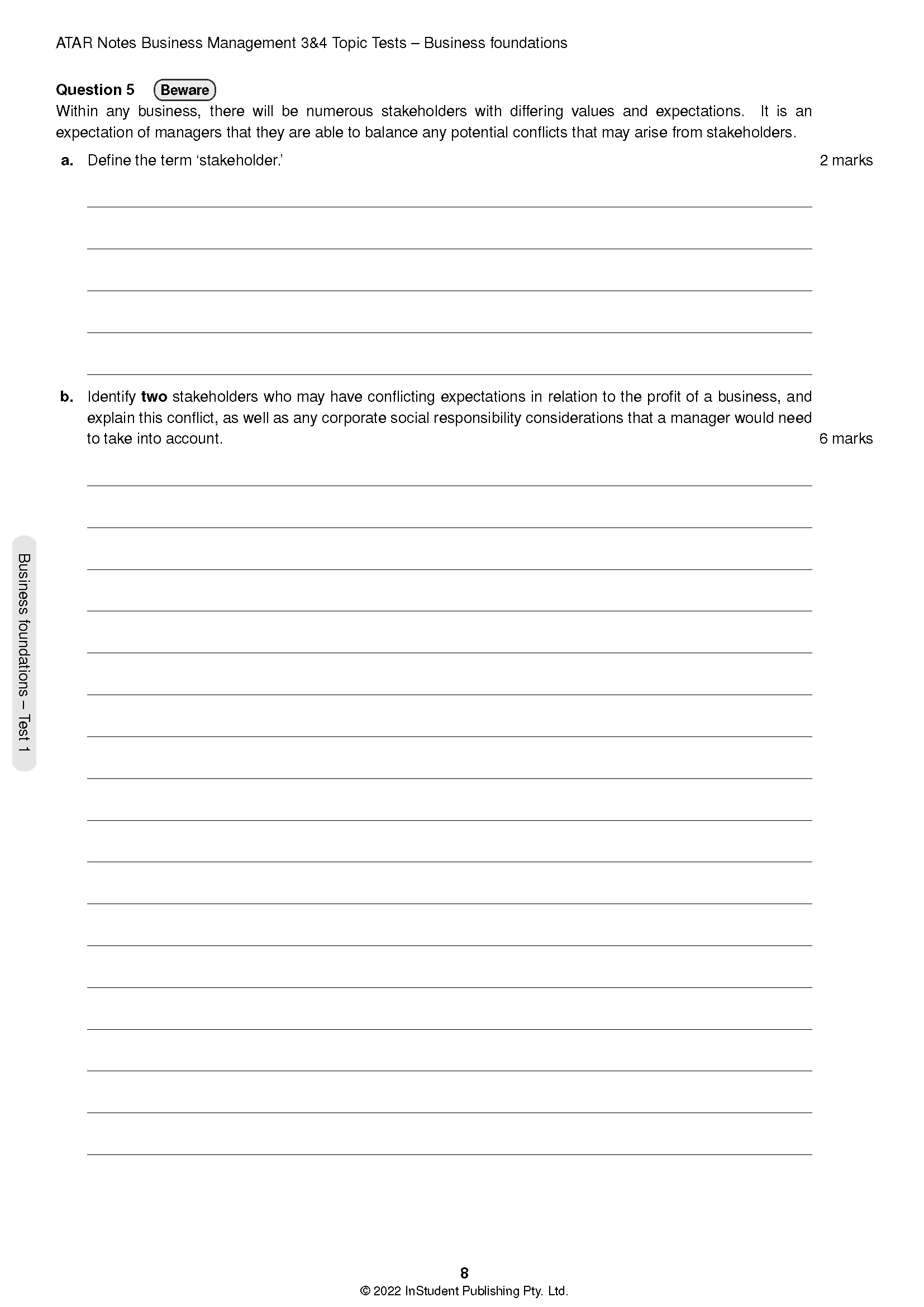 VCE Business Management 3&4 Topic Tests for 2024-2026 by ATAR Notes, showing a question page about stakeholders with blank answer lines.