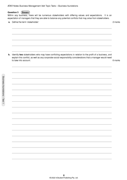 VCE Business Management 3&4 Topic Tests for 2024-2026 by ATAR Notes, showing a question page about stakeholders with blank answer lines.