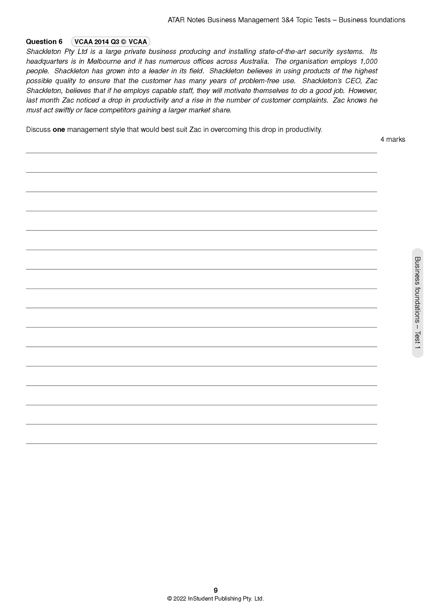 VCE Business Management 3&4 Topic Tests by ATAR Notes, displaying a white page with a question on management styles.