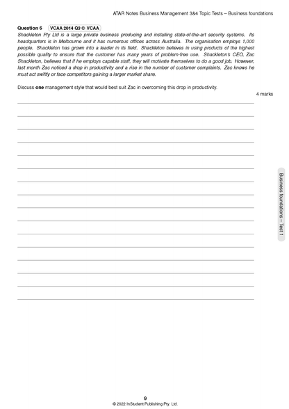 VCE Business Management 3&4 Topic Tests by ATAR Notes, displaying a white page with a question on management styles.