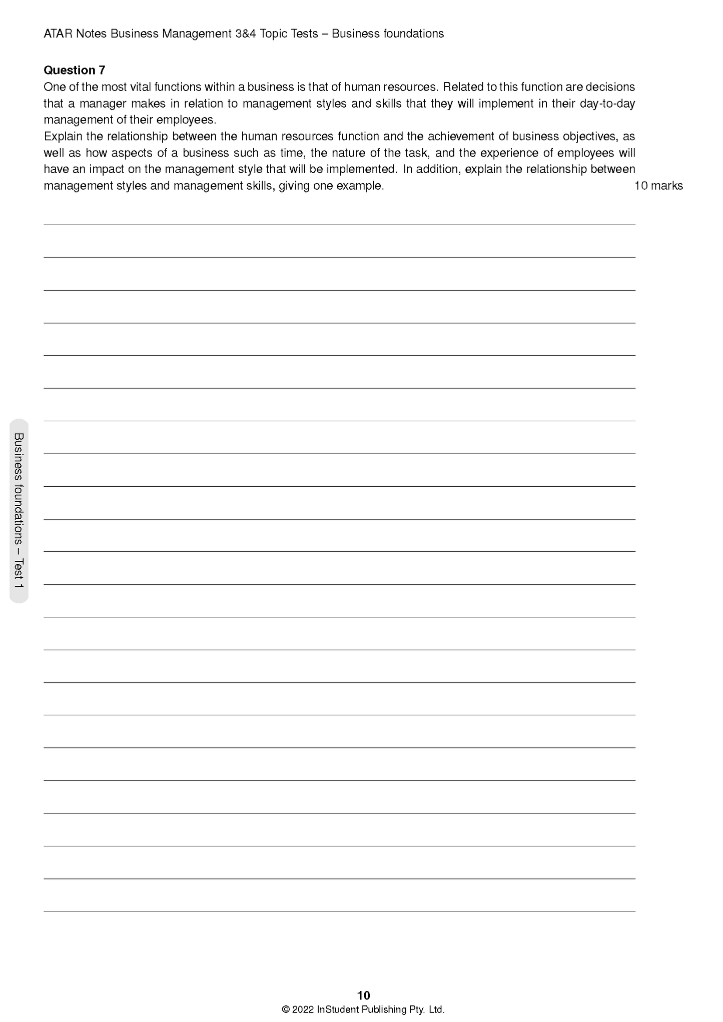 VCE Business Management 3&4 Topic Tests (2024-2026) by ATAR Notes, a white page with question 7, ruled lines, page 10, and copyright.